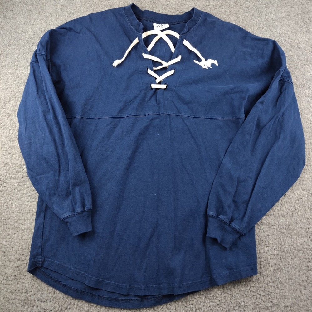 Spirit Jersey Shirt Sz XS Mustangs Lace Up Navy Blue 100% Cotton EUC